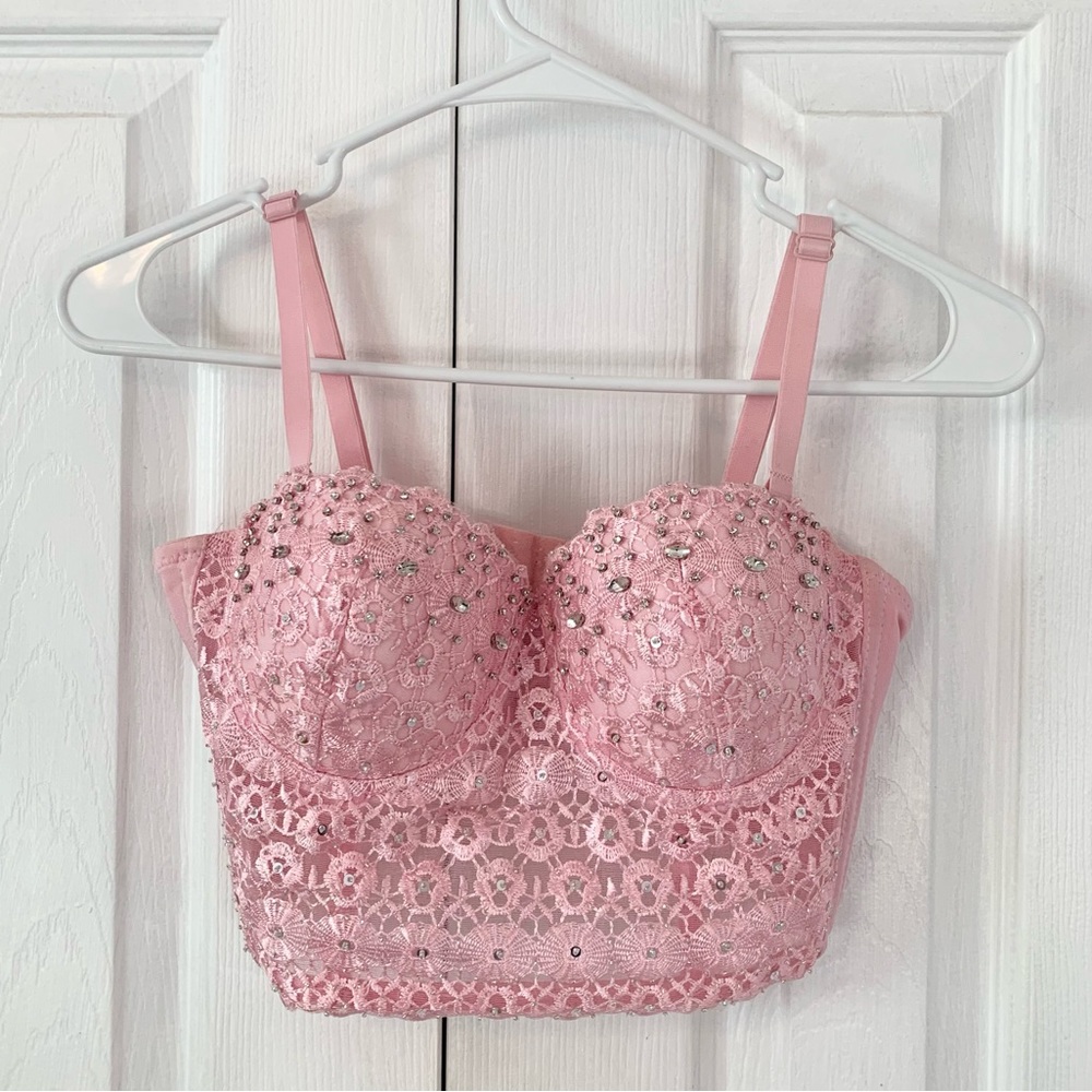 Lace Rhinestone Bustier Crop Top | Light Pink